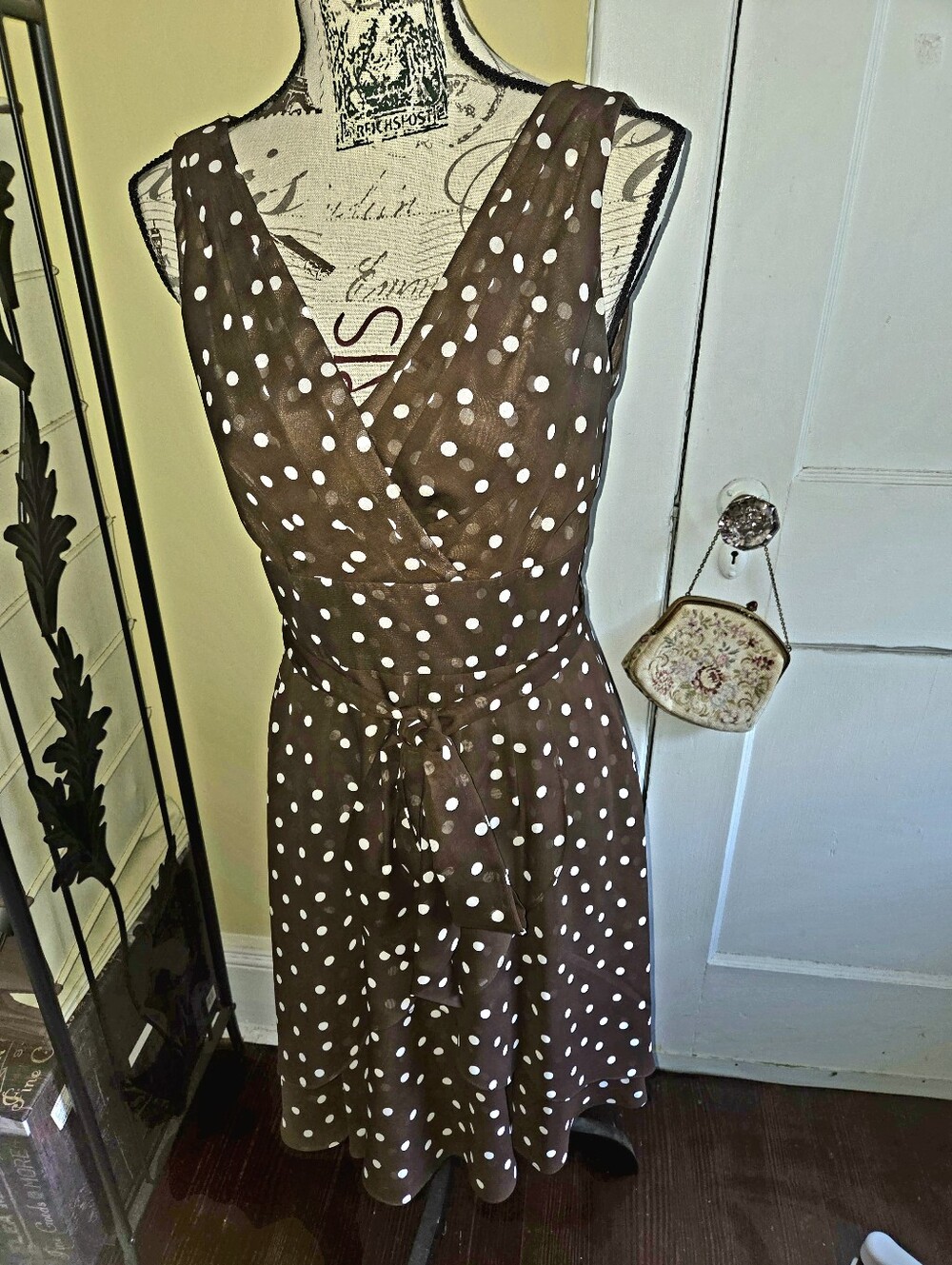 White House Black Market Brown and White Polka Dot Wrap Dress